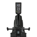 Front view of a black elliptical machine with handlebars and a digital display screen showing workout stats on a white background.