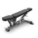 A black adjustable weight bench with padded seats and backrest, metal frame, and yellow adjustment knobs, designed for gym or home fitness use, shown on a plain white background.