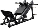 Black leg press machine on a white background