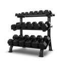 A three-tier black metal rack holds several pairs of black hexagonal dumbbells, arranged by weight, on a plain white background.