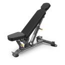 Adjustable black and gray workout bench with padded seat and backrest on a sturdy metal frame, positioned at an incline against a plain white background.