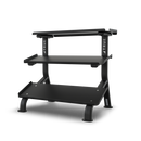 A black, three-tiered storage rack with sturdy metal shelves and tubular legs, designed for organizing fitness accessories or free weights; the word TRUE is printed vertically on the side supports.